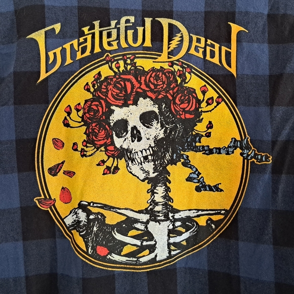Grateful Dead Flannel Blue/Black Plaid XS Skull Roses Graphic - Picture 3 of 6